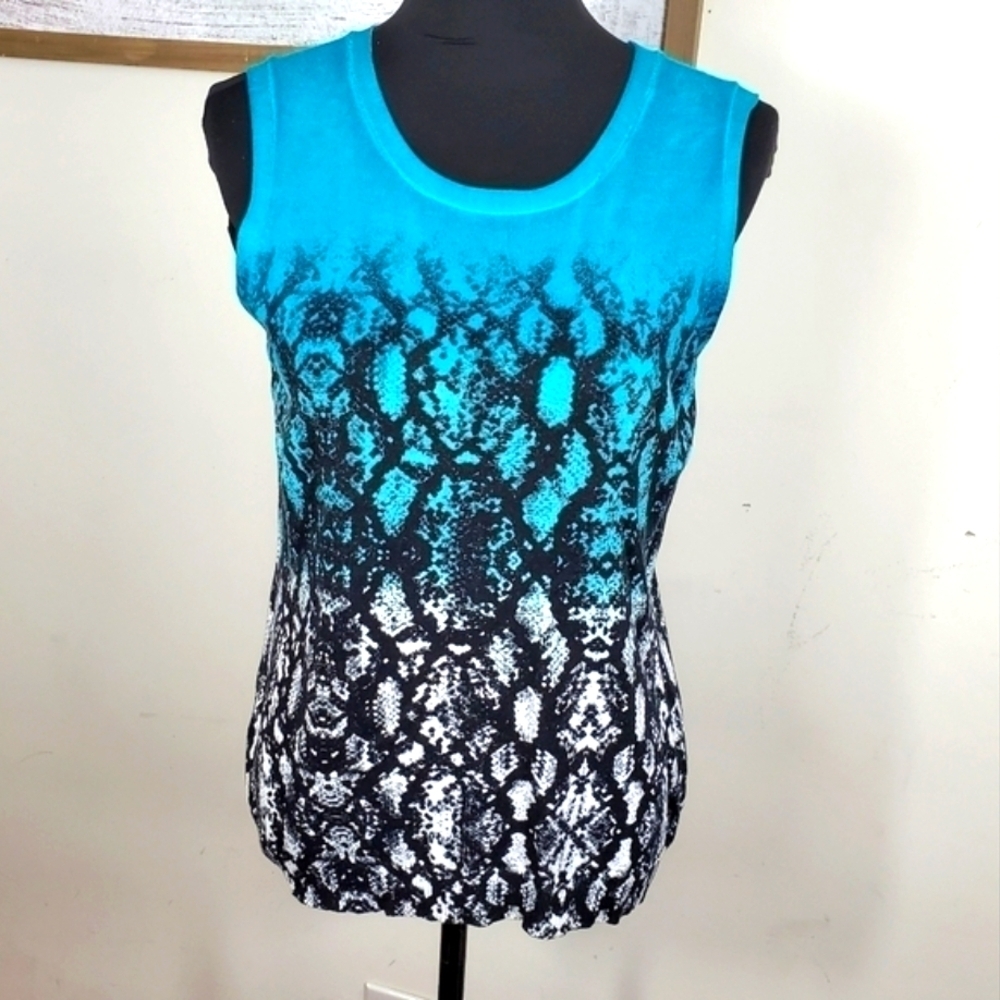 Calvin Klein Snakeskin Print Ombre White Turquoise Sleeveless Knit Top